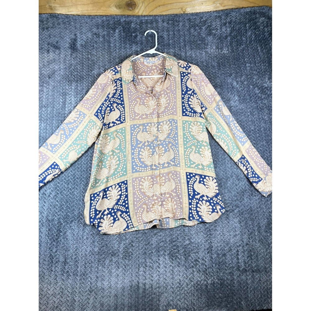 Rose & Olive Blouse Top Women Large Multi Patchwork Chicken Print Button Up